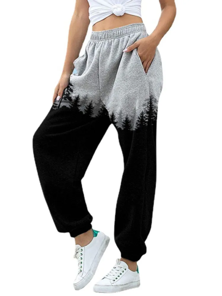 Black Forest Art Painting Elastic Waist Casual Pants