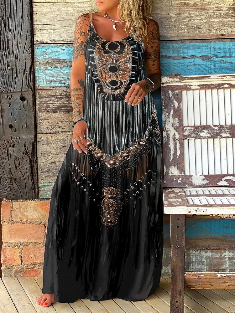 Women's Vintage Western Ethnic Tassel Art Slip Maxi Dress