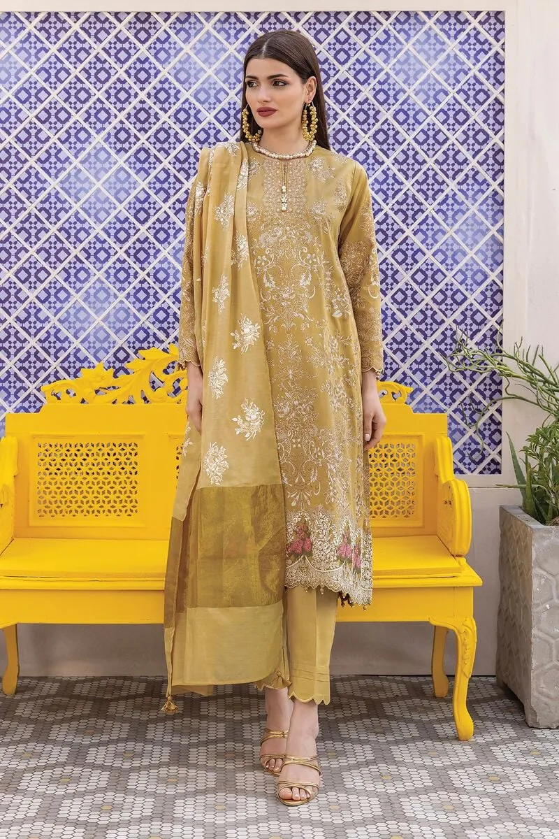 3 Piece Kurta Embroidered | Dupatta& Bottom & Tops | Color Golden