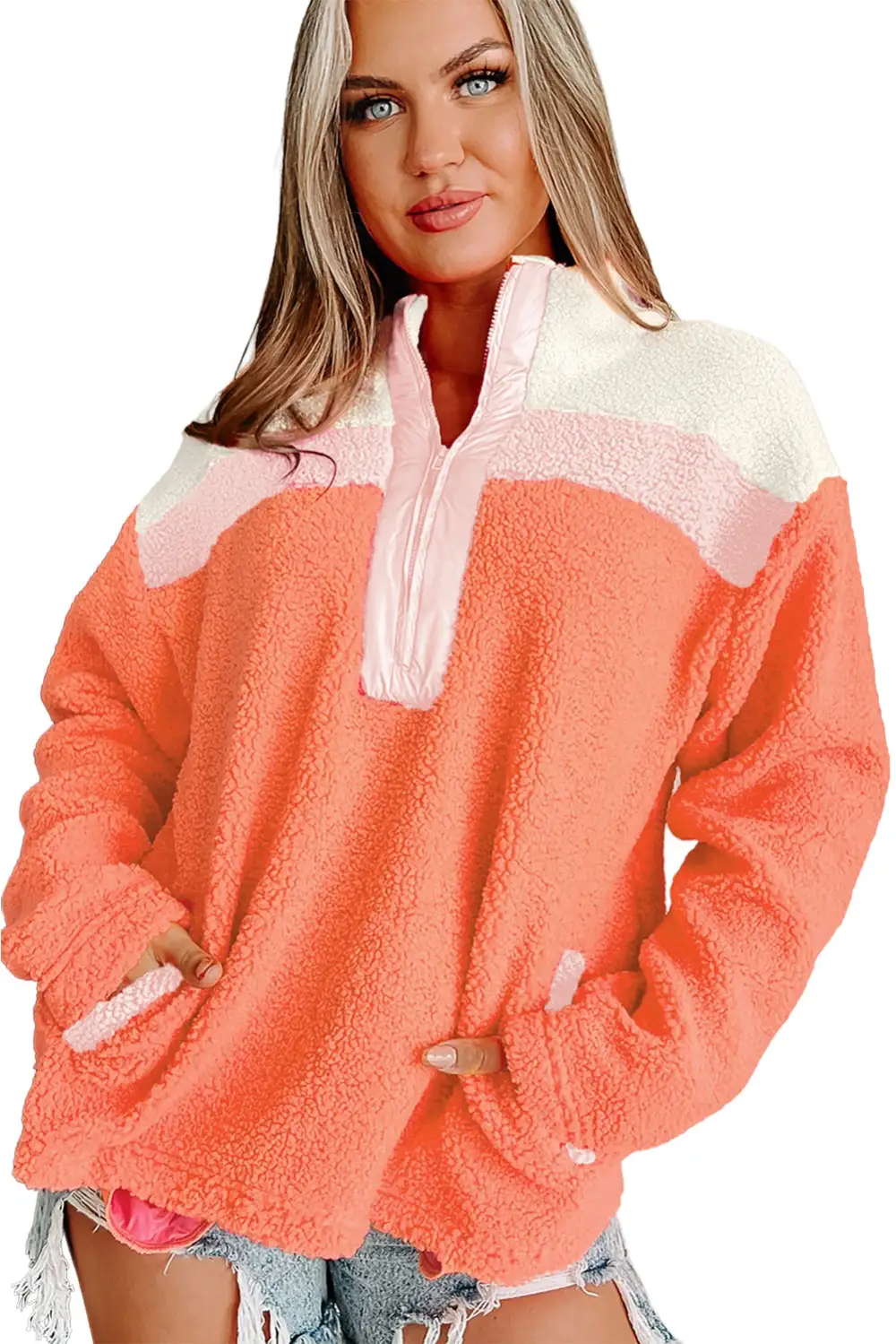 Orange Colorblock Zipper Stand Neck Sherpa Sweatshirt