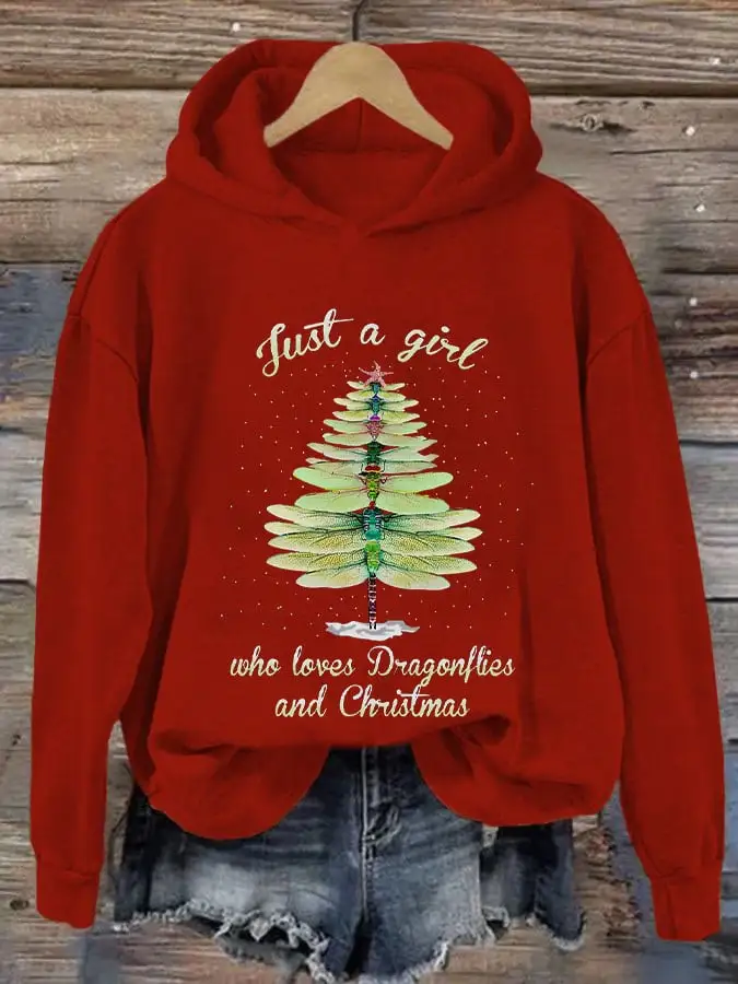 Women's Merry ChristmasJust A Girl Who Loves Dragonflies And Christmas Printing Casual Hoodie