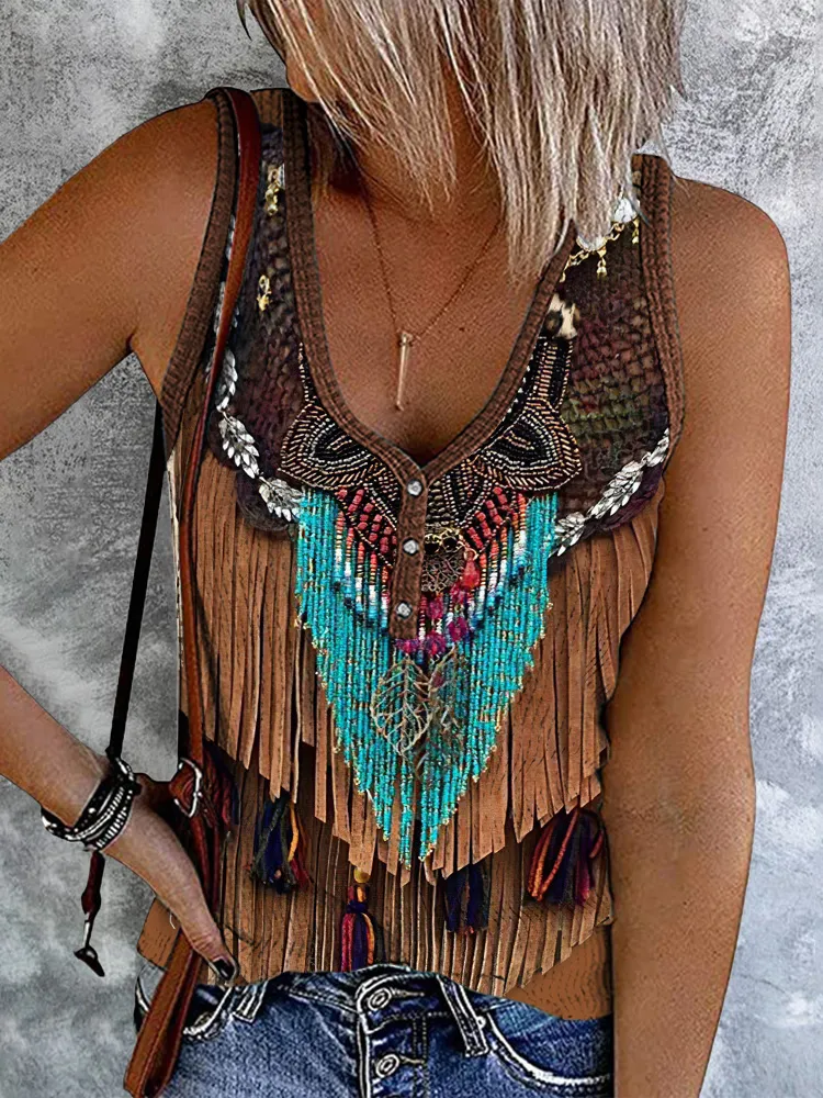 Vintage Western Tassel Print V-Neck Sleeveless Tank Top