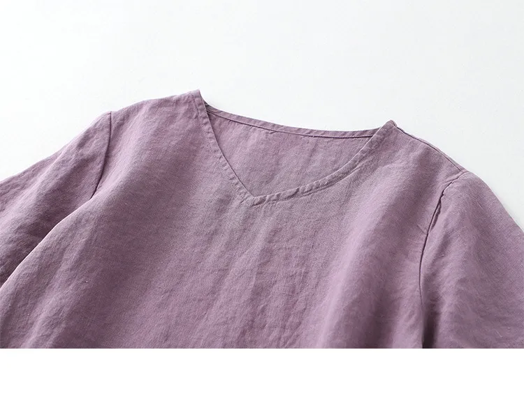 Simple cotton linen V-neck T-shirt