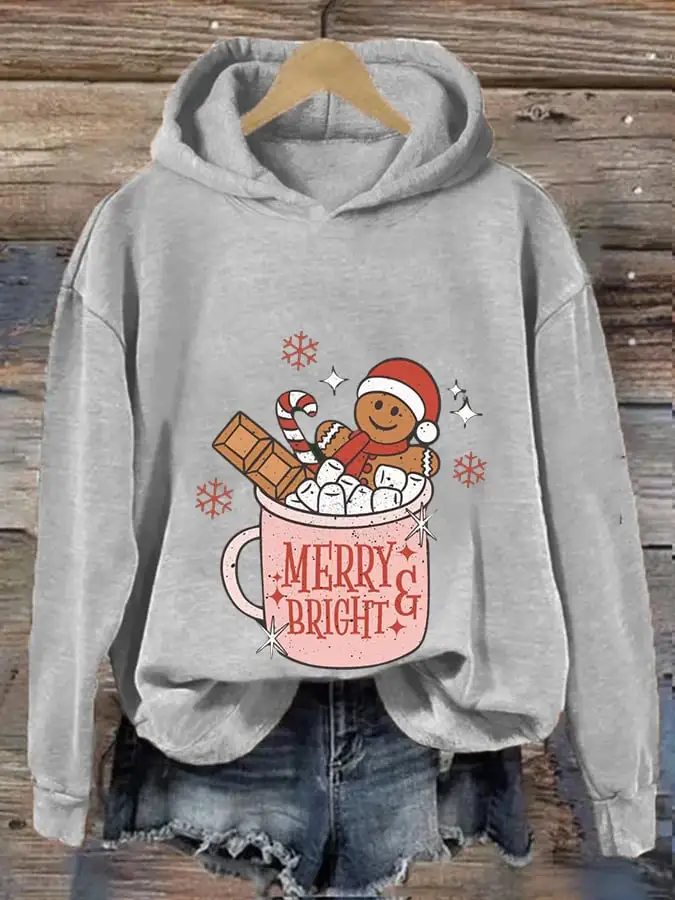 Women's Gingerbread Christmas Merry And Bright Print Casual Hooded