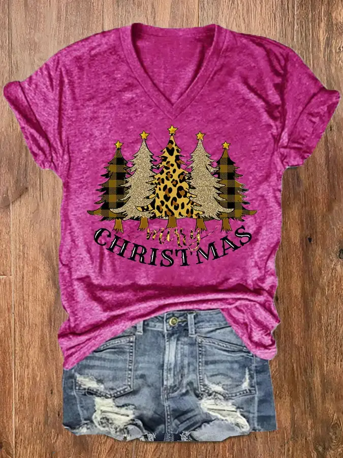 Women's Merry   Shiny Leopard   Tree V-Neck Tee