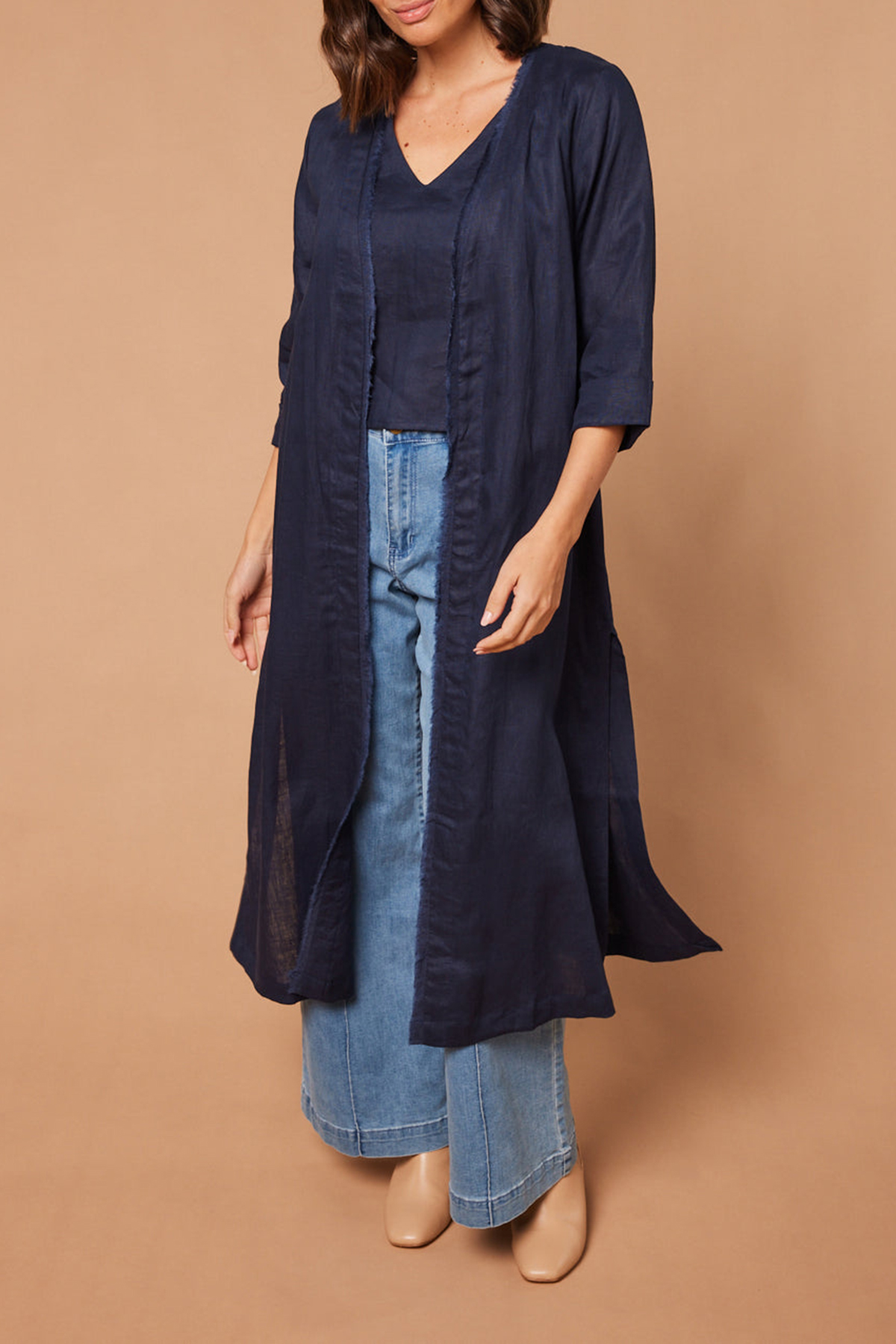 Long Line Fringed Linen Duster Jacket In Navy