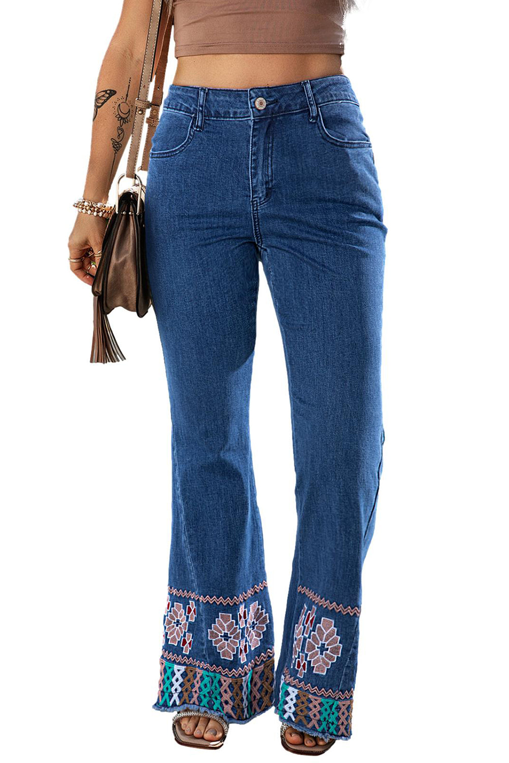 Ashleigh Blue Geometric Embroidered Raw Hem Flared Jeans