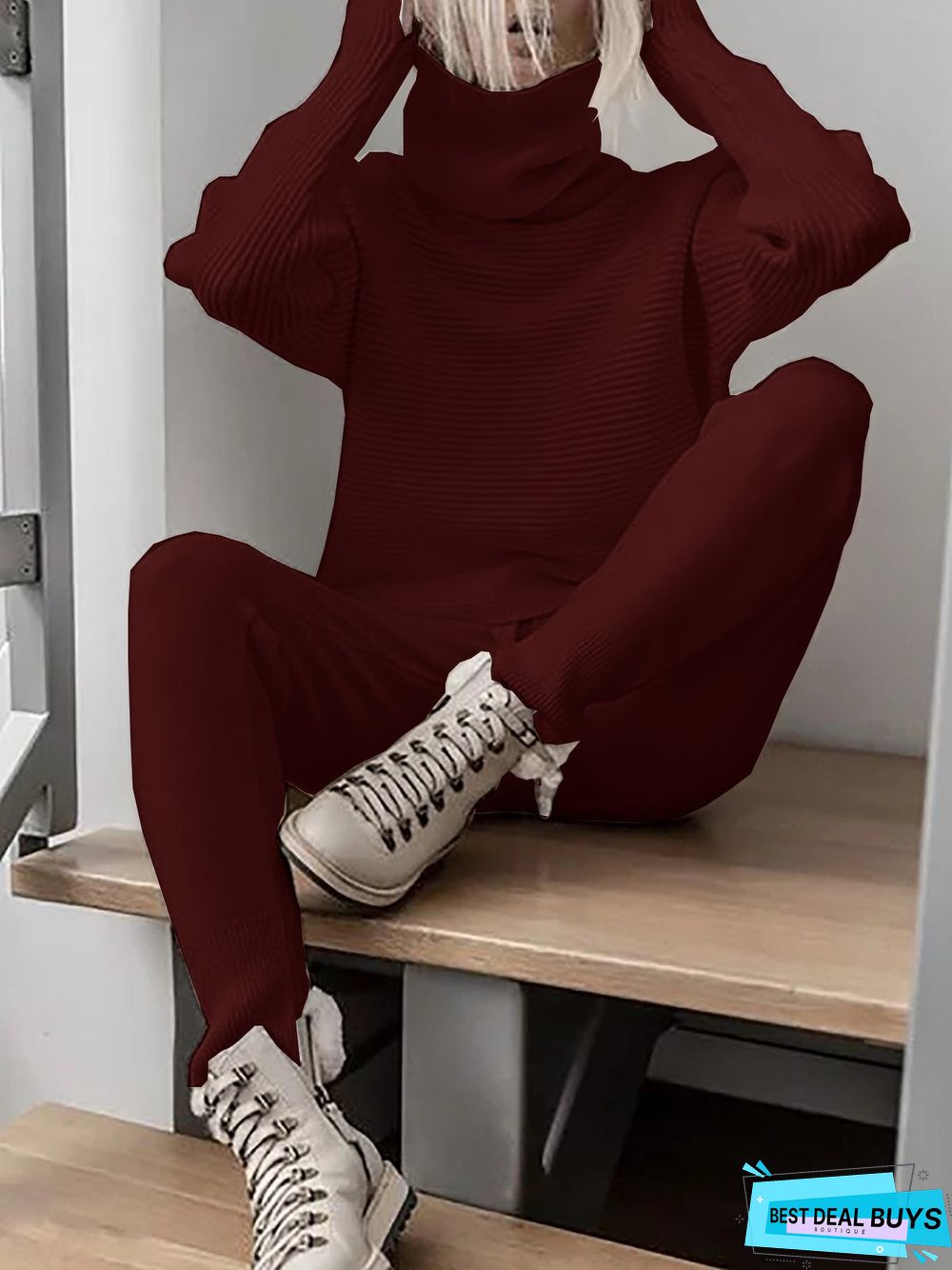 Turtleneck Knitted Two Pieces Pants Suits