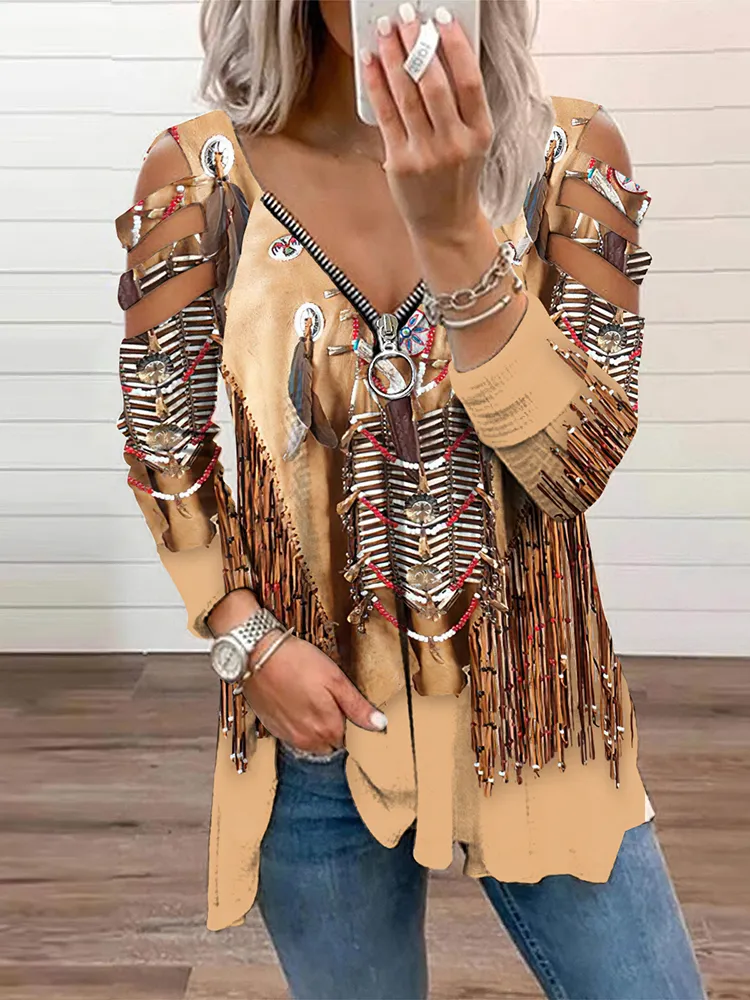 Western Tassels Leather Printed Hollow Out Zip Up T-Shirt