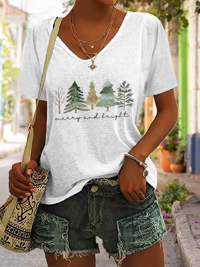 Women's Casual Merry And Bright Printed Short Sleeve T-Shirt