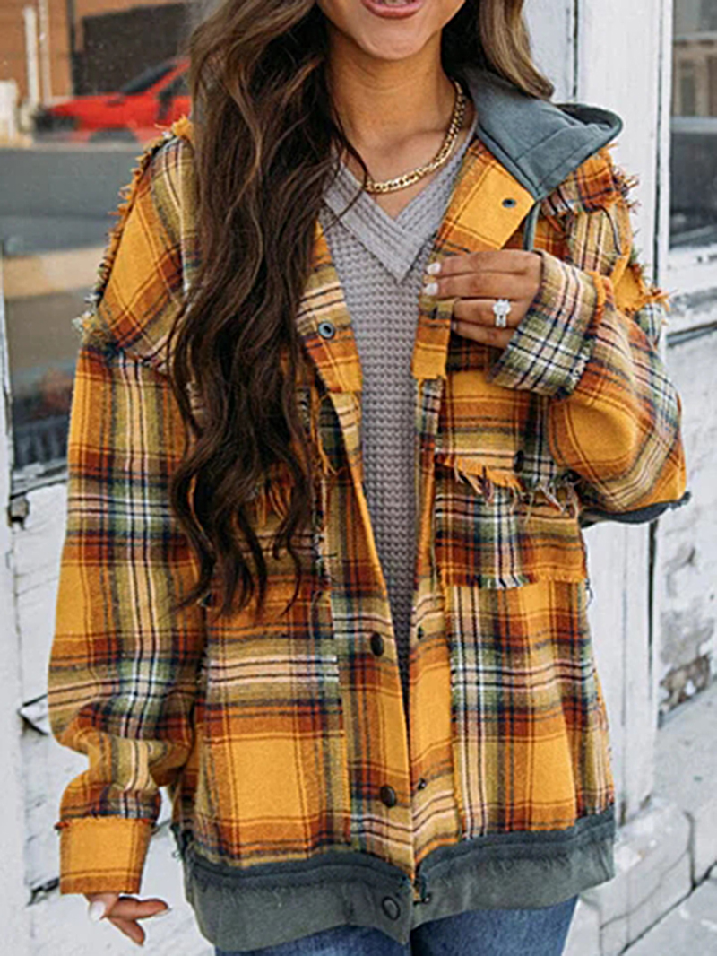 Yellow Casual Elegant Plaid Jacket Coat