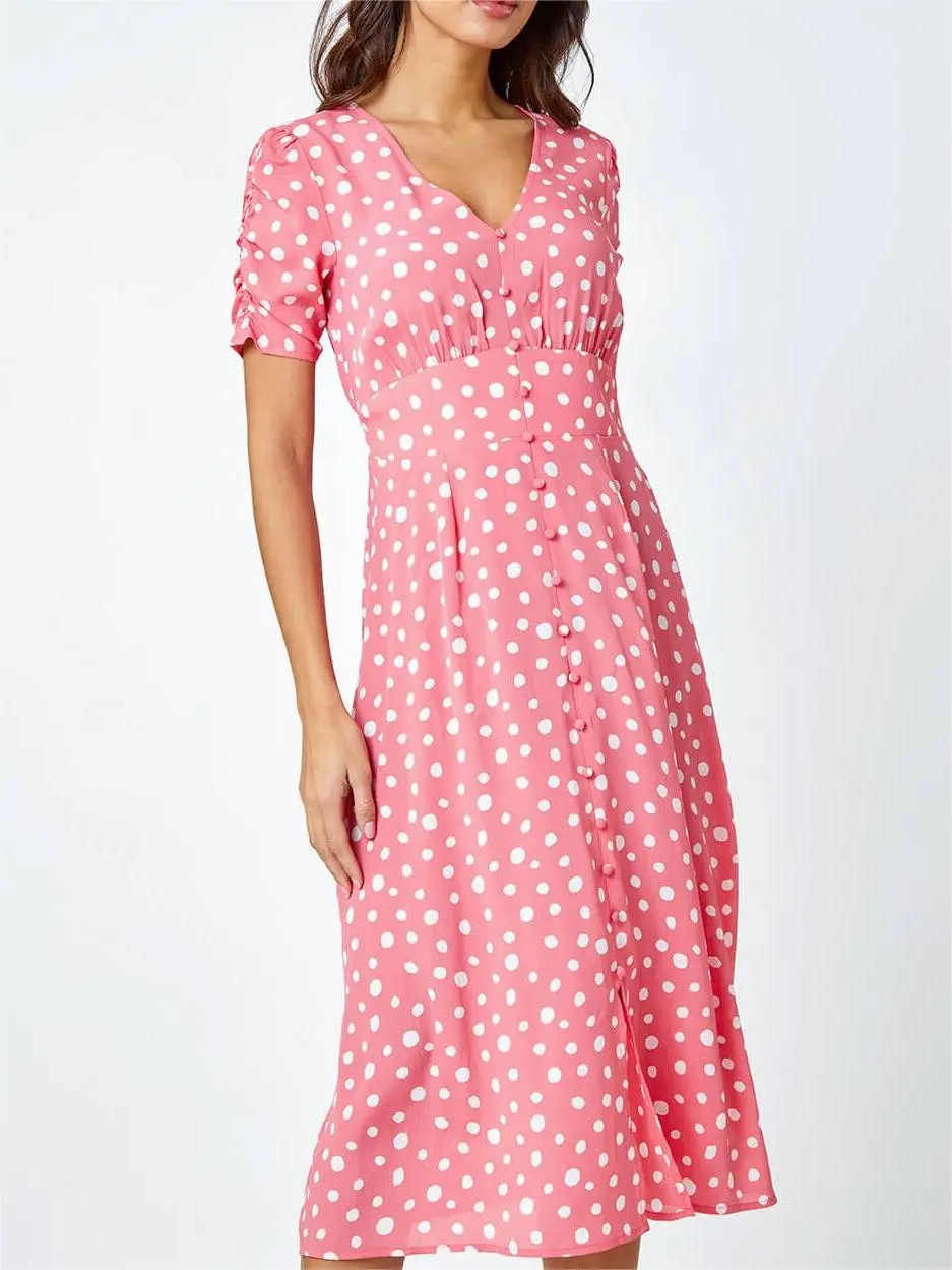 V-neck polka dot button dress