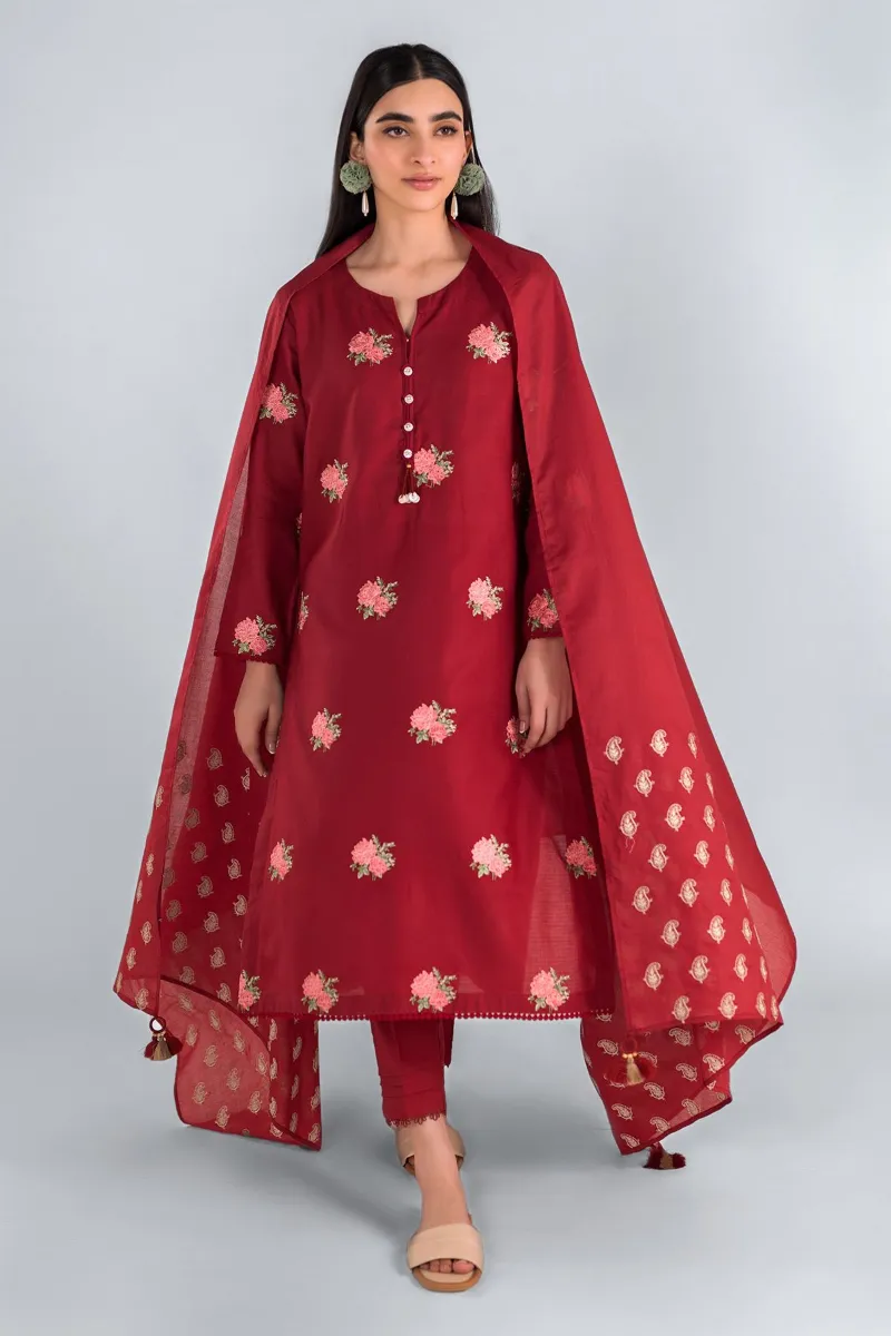 2 Piece Kurta | Embroidered & Pants | Red