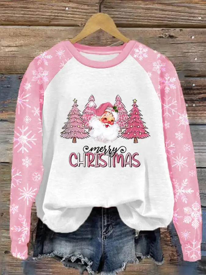 Women's Merry Christmas Pink Christmas Tree Santa Claus Print Casual Sweatshirt