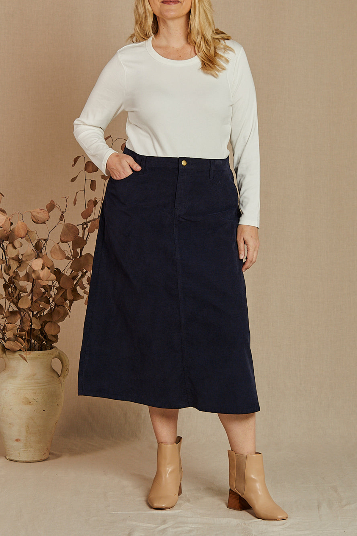 Adrift A-Line Brushed Cotton Skirt in Navy