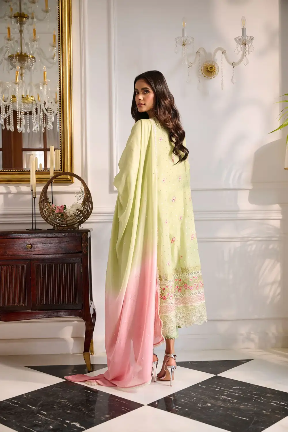 LIGHT GREEN 3PCS  EMBROIDERED KURTA WITH TROUSER