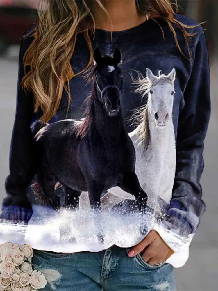 Snow Horse Print Crew Neck Sweatshirt