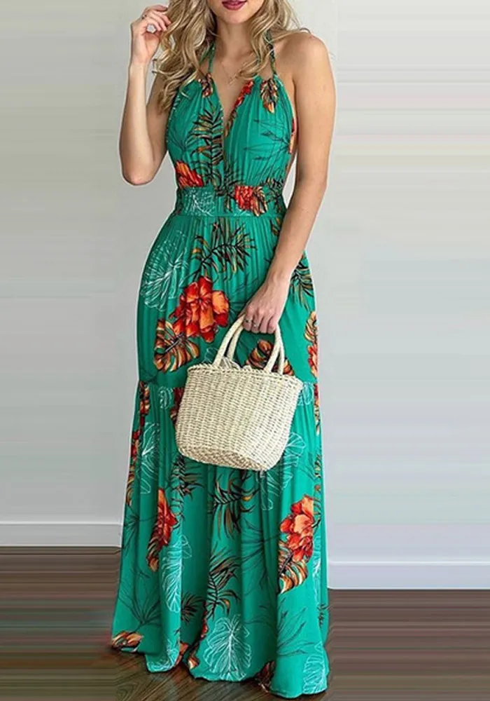 Women Summer Light Green Sexy Halter Sleeveless Floral Print Backless Holidays Long Dress