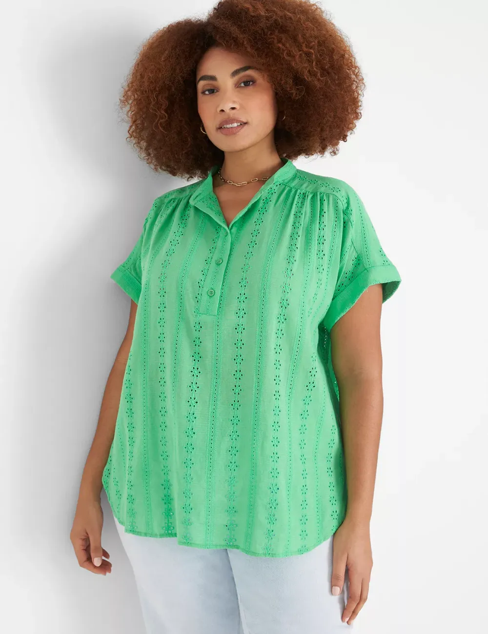 Short-Sleeve Eyelet Popover Blouse