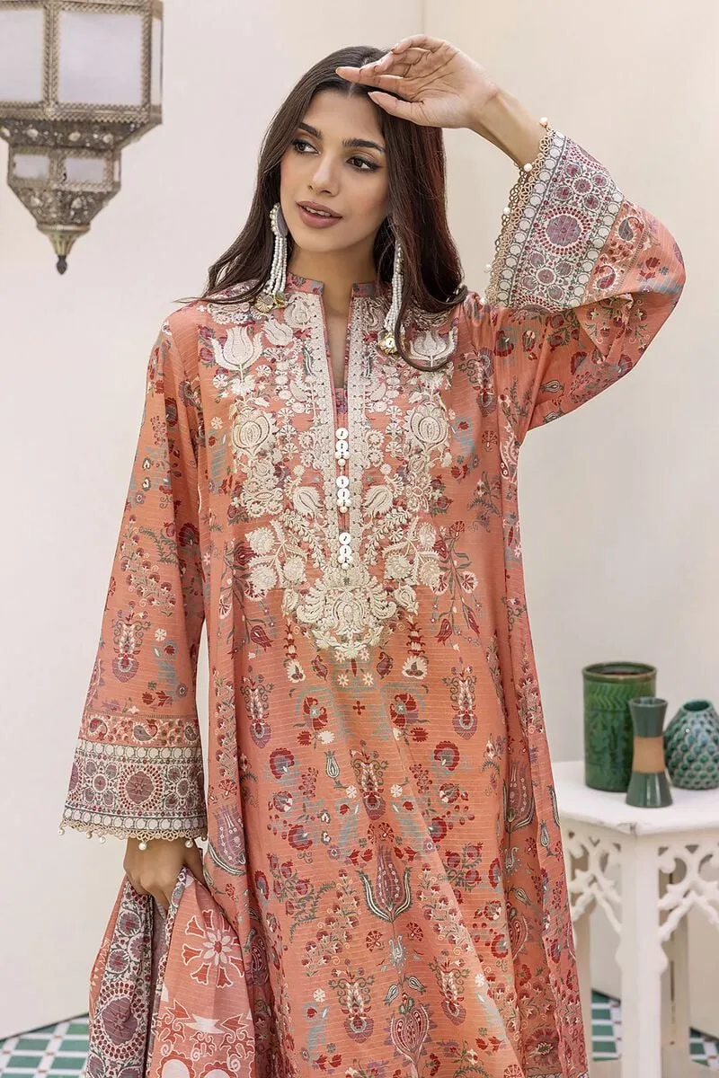 3 Piece Kurta Embroidered | Dupatta& Bottom & Tops | Color Pink orange