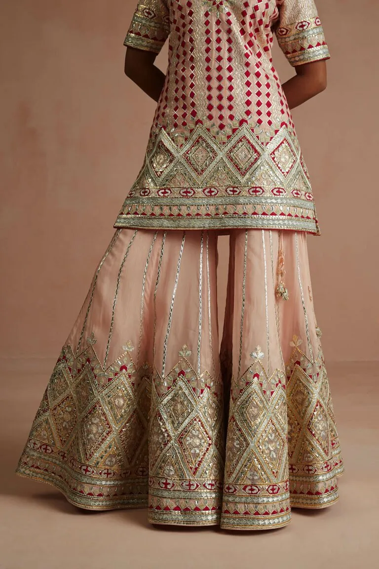 Blush Pink & Crimson Gota Embroidered Gharara Set