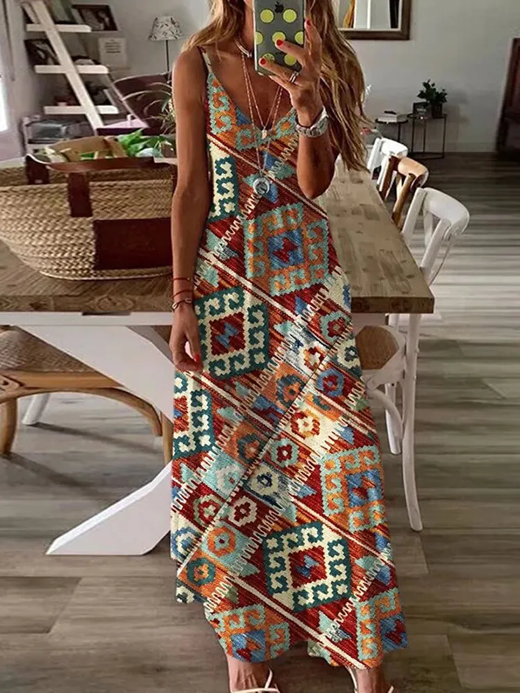 Women'S Western Style Azite Carpet Printed Sleeveless Dress