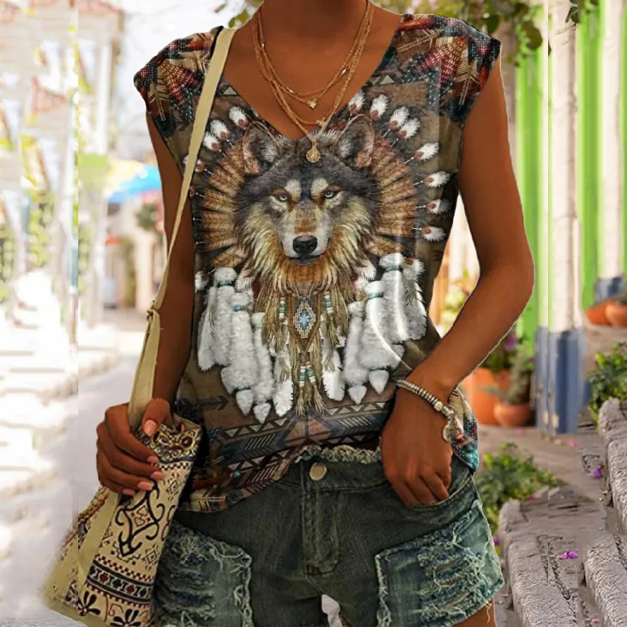 Western Wolf Printed V Neck Comfy Tank Top