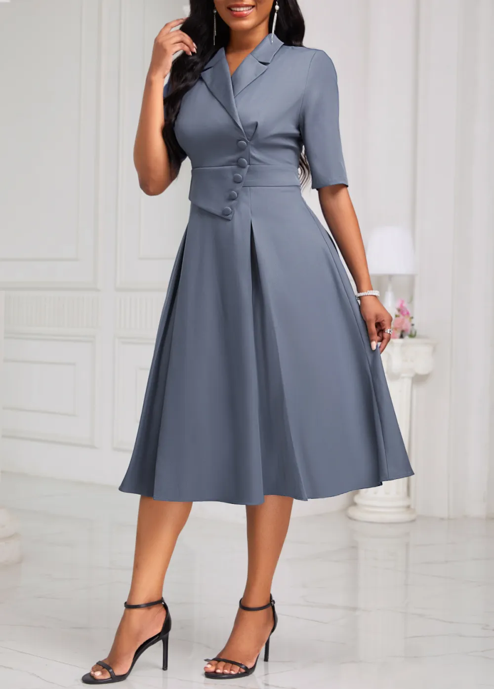 Dusty Blue Lapel Half Sleeve Asymmetry Dress