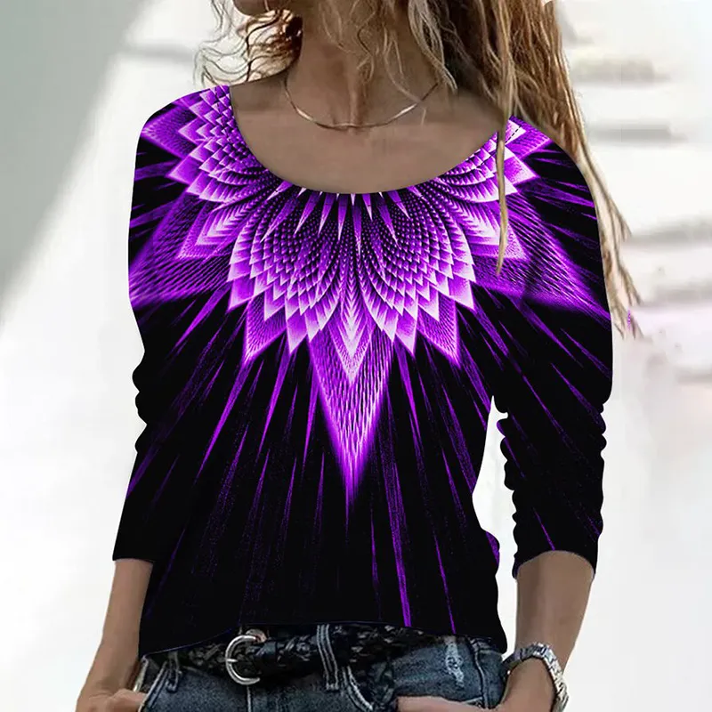 Western Print Round Neck Long Sleeve T-Shirt