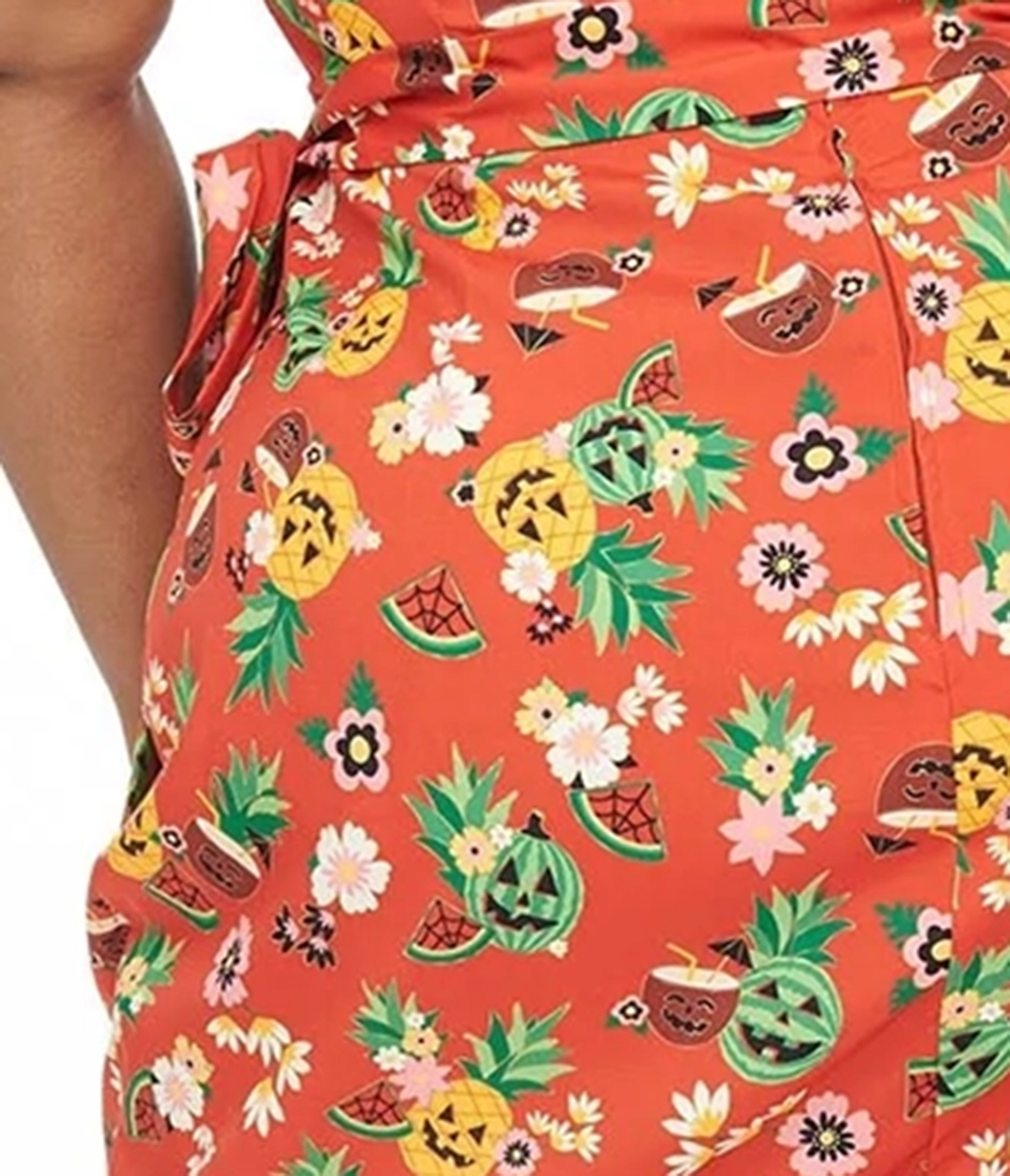 Unique Vintage Plus Size 1950s Rust & June-O-Ween Fruit Print Leilani Sarong Dress