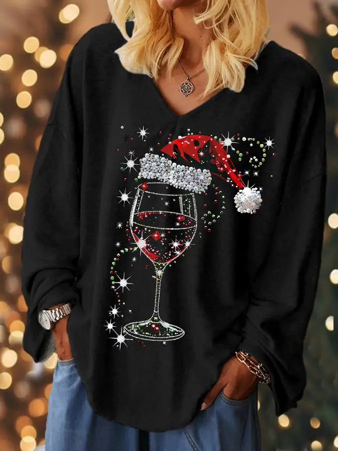 Women's Shiny Christmas Red Wine Glass Print Casual Long-Sleeve Top