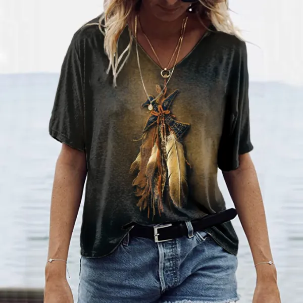 Vintage Western Feather Print V-Neck Short Sleeve T-Shirt