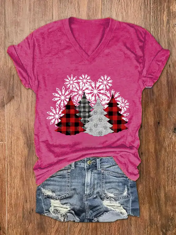 Women's Check   Tree Print V-Neck T-Shirt