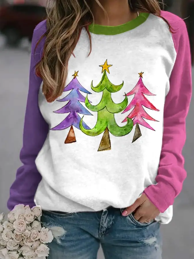 Women's Colorblock   Tree Print Casual Sweatshirt