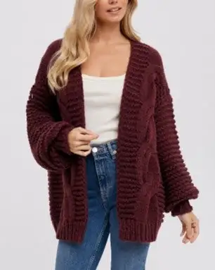 Chunky Cable Cardigan - Maroon