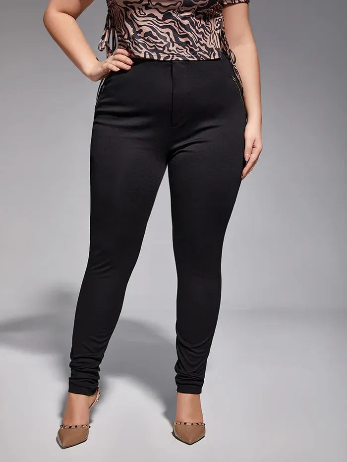 Plus Black Zipper Elastic Waist Skinny Pants