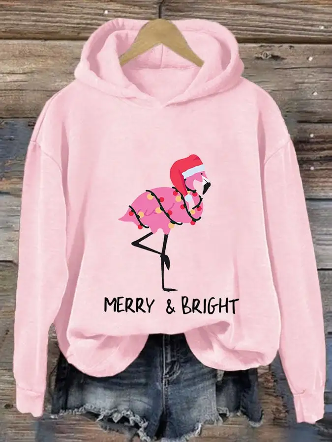 Women's Merry And Bright Christmas Flamingo Print Casual Hooded