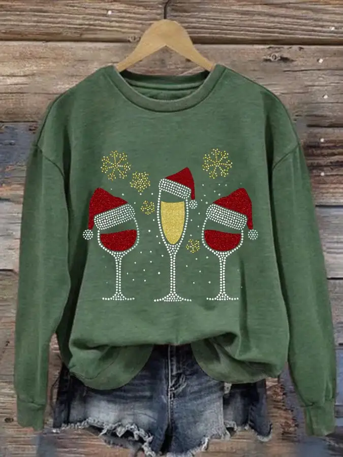 Women's Christmas wine glass print sweatshirt