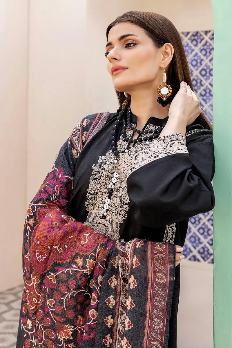 3 Piece Kurta Embroidered | Dupatta& Bottom & Tops | Color Black