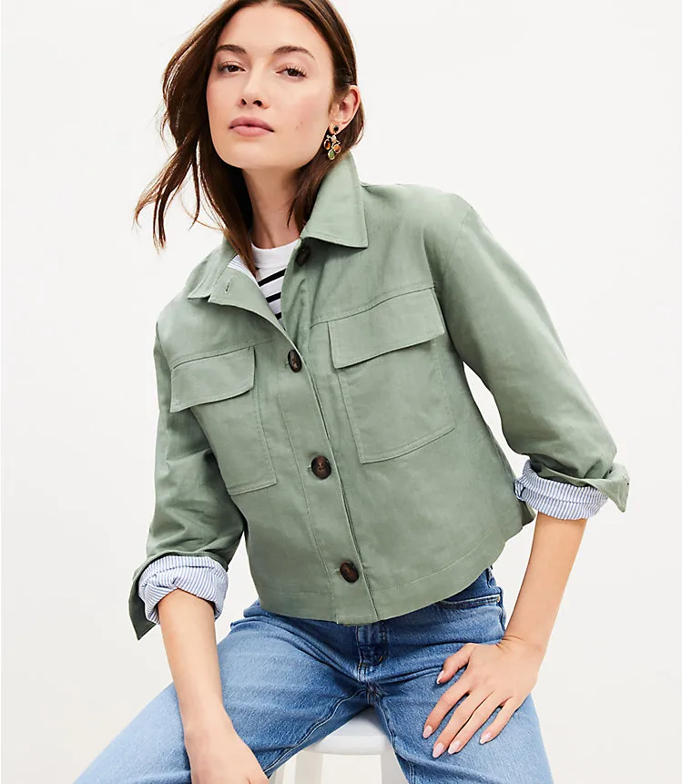 Linen Cotton Cropped Patch Pocket Jacket