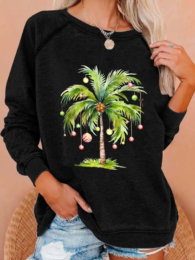 Women'S Casual Christmas Palm Tree Printed Long Sleeve Sweatshirt