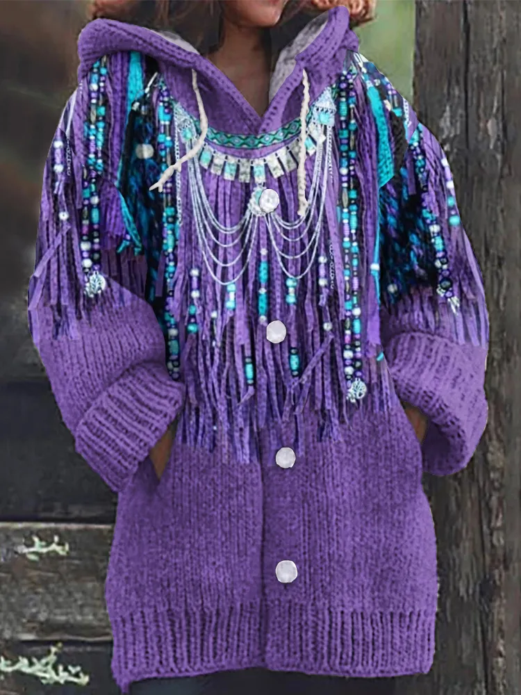 Western Tribal Fringe Decorative Print Art  Cozy Hooded Cardigan