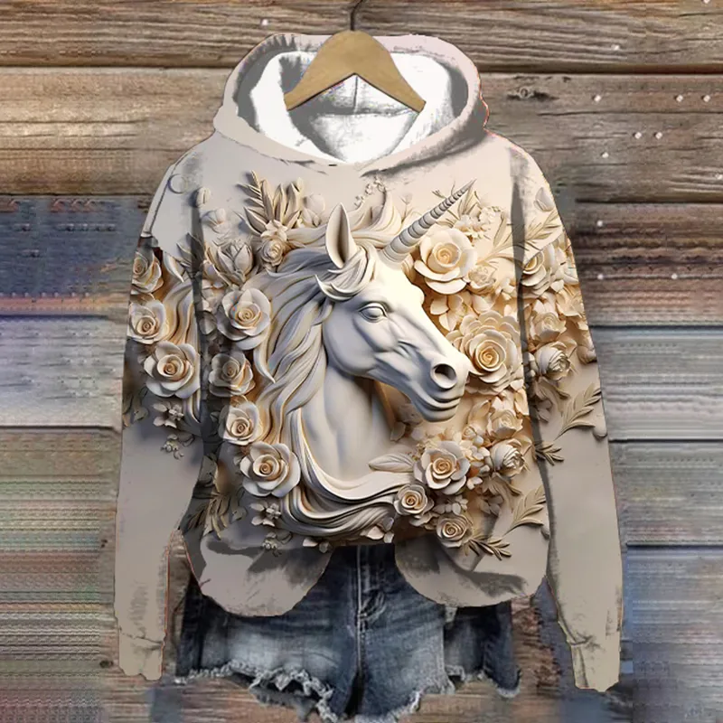 Vintage 3D Horse Print Long Sleeve Hoodie