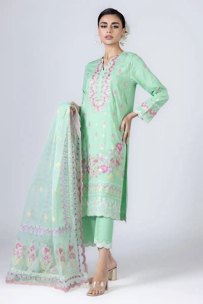 3 Piece Kurta Embroidered | Dupatta& Bottom & Tops | Color Light green