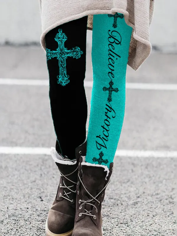 Vintage Cross Believe & Victory Turquoise Contrast Leggings