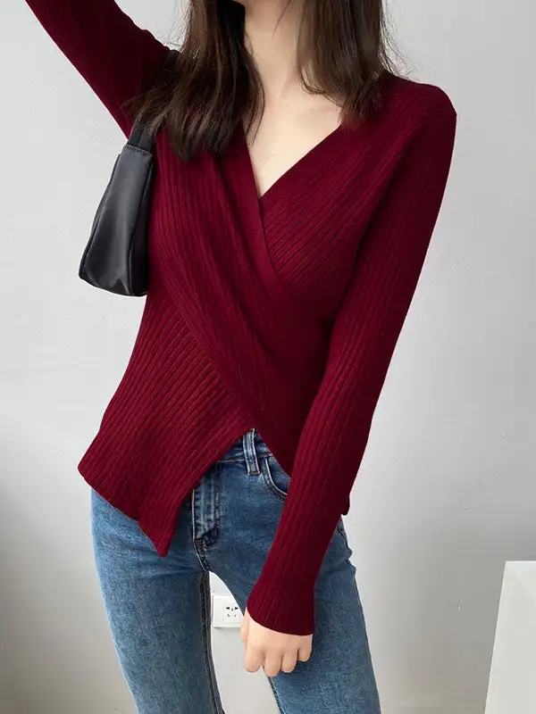 Chic Simple 5 Colors Split-Front V-Neck Long Sleeves Knitted Sweater Tops