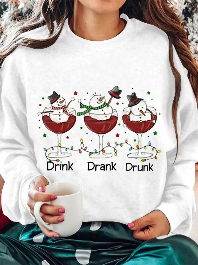 Women's Funny Christmas Drink Drank Drunk Snowman Red Wine Glass Casual Sweatshirt