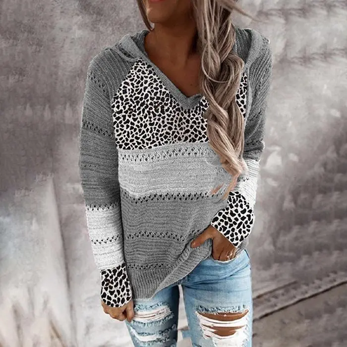 Fashion Hooded Leopard Stitched Knit Sweater