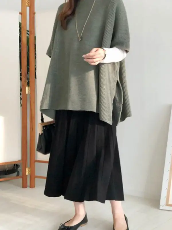 Casual Solid Color Round-Neck Half Sleeves Knitted Sweater Cape Top