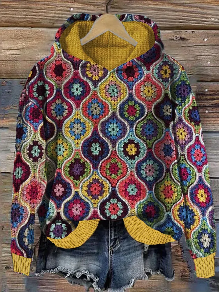 Colorful Boho Crochet Art Cozy Knit Hoodie